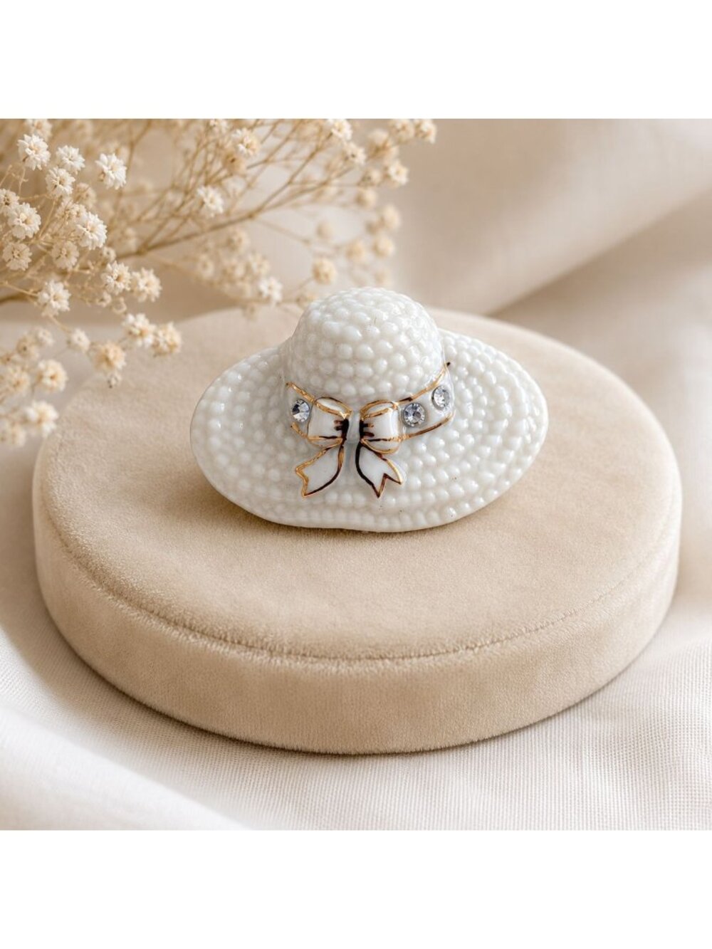 Vintage Lenox Porcelain Hat Brooch Ivory Sun Bonnet Rhinestone Bow Pin Cottage